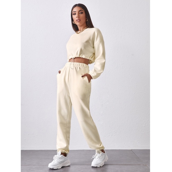 2 Piece Set Beige Crop Sweatshirt and Jogger Pants - Picture 3 of 6